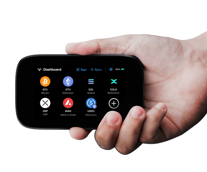Hand holding NGRAVE ZERO with its coin dashboard on screen