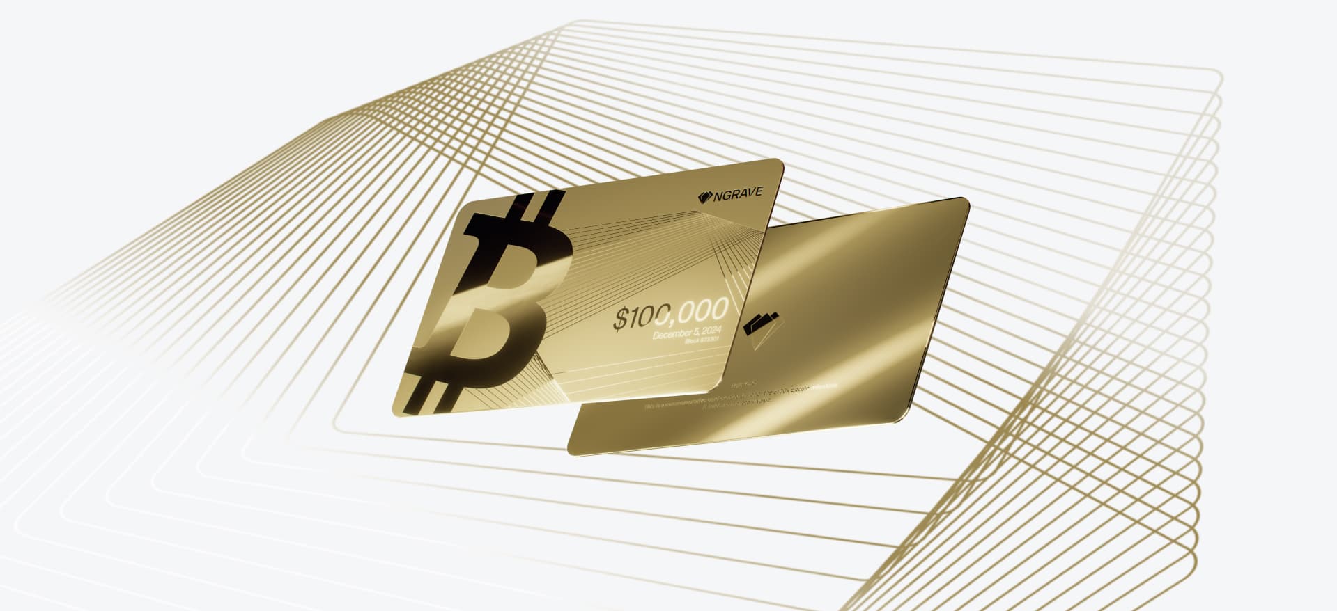 Gold $100,000 Bitcoin cards against flowing gold line art
