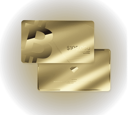 Front and back of the gold-plated $100,000 Bitcoin card