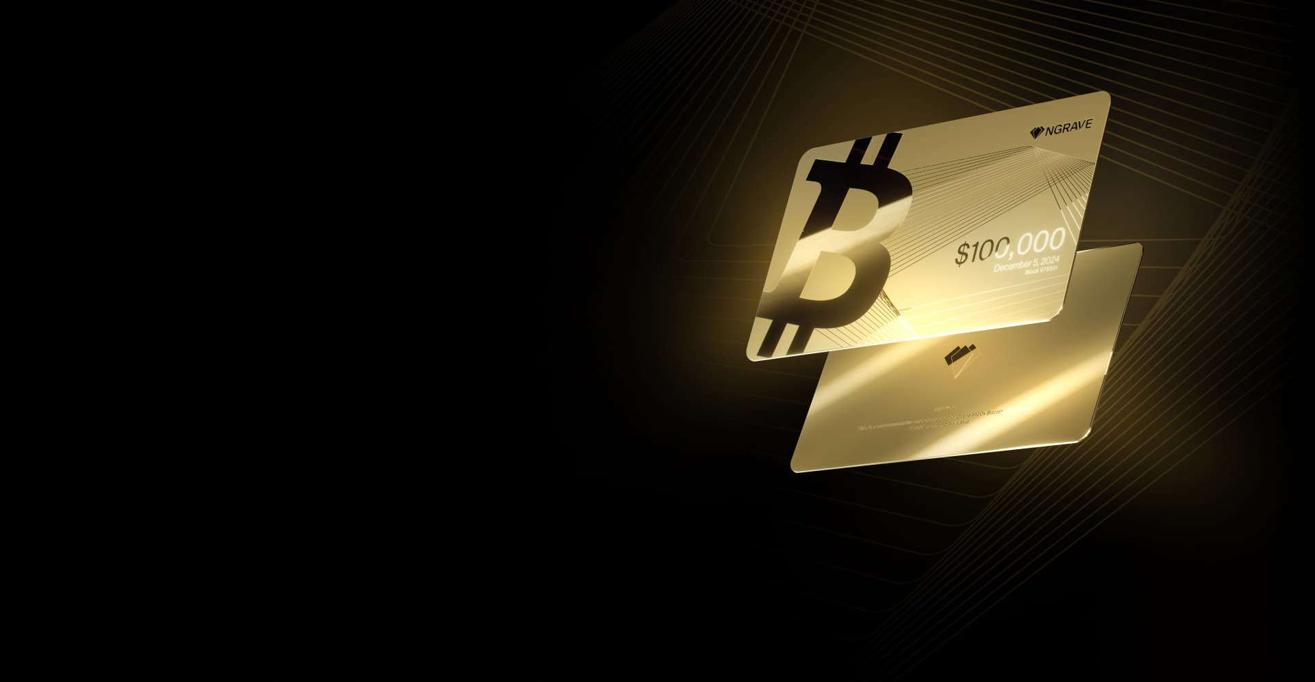 Gold NGRAVE cards marking Bitcoin's $100,000 milestone, shown front and back
