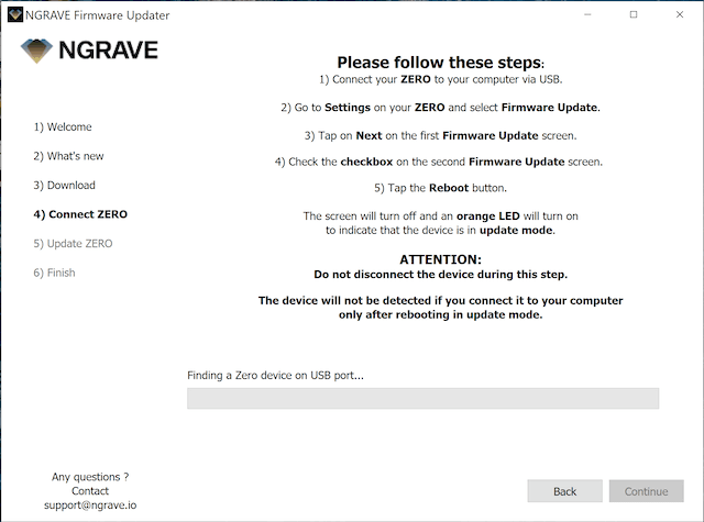 NGRAVE Firmware Updater Connect ZERO step listing how to put ZERO into update mode via USB
