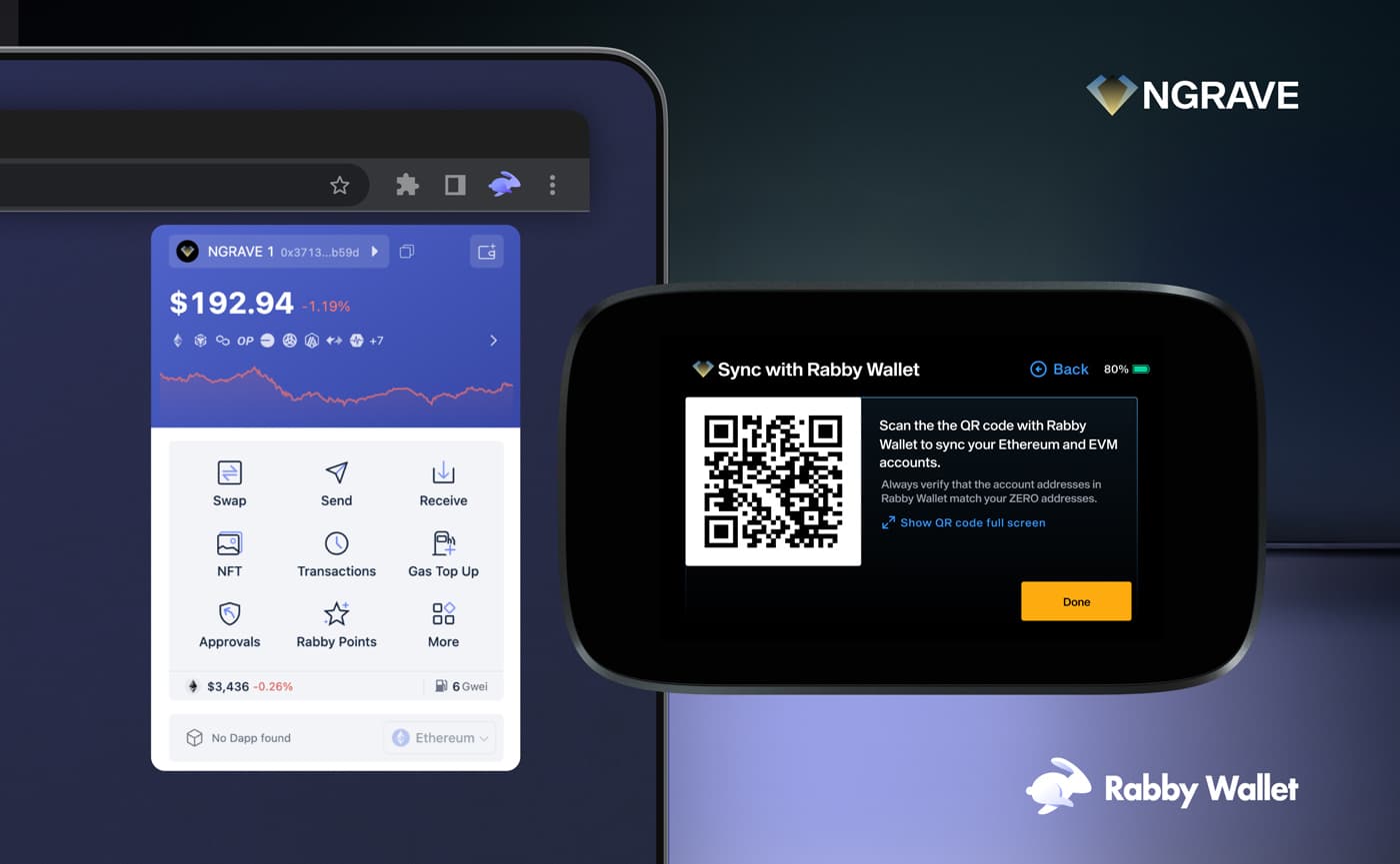 NGRAVE ZERO showing a QR code to sync its Ethereum accounts with the Rabby Wallet browser extension