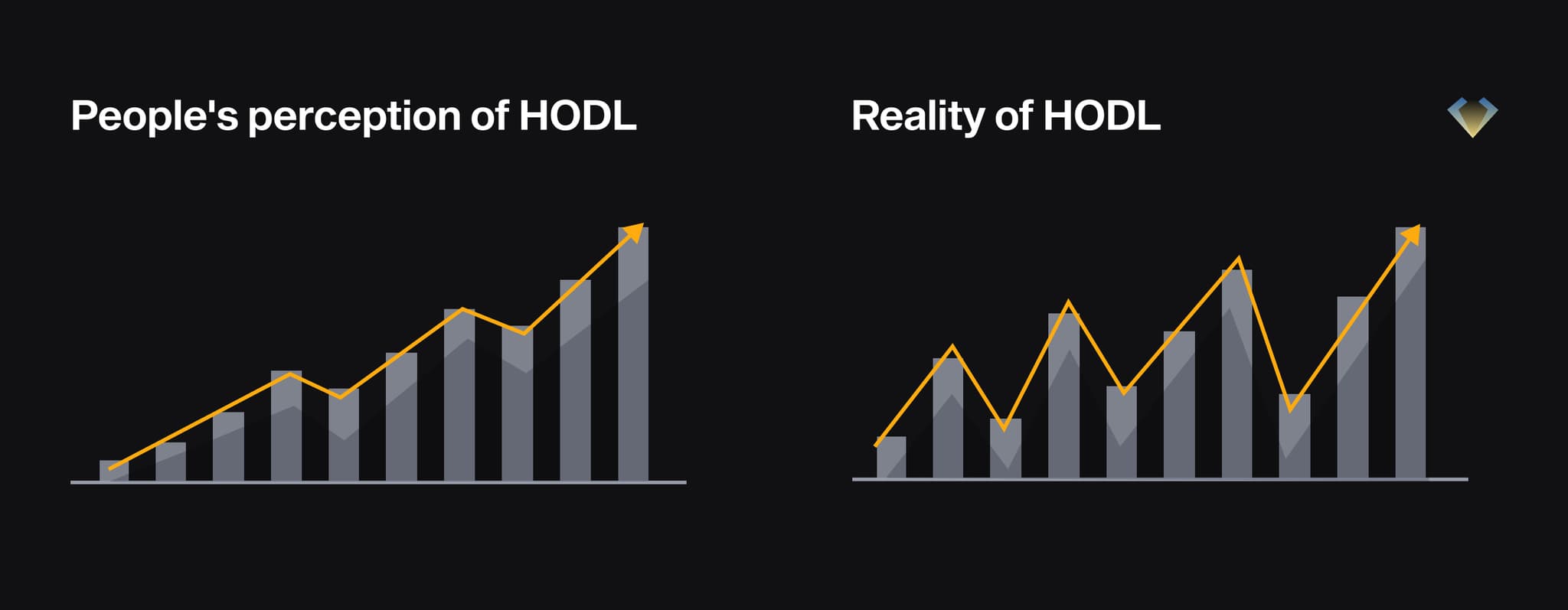 Two charts: HODL as people imagine it, a steady climb, vs reality, a volatile zigzag that still trends up