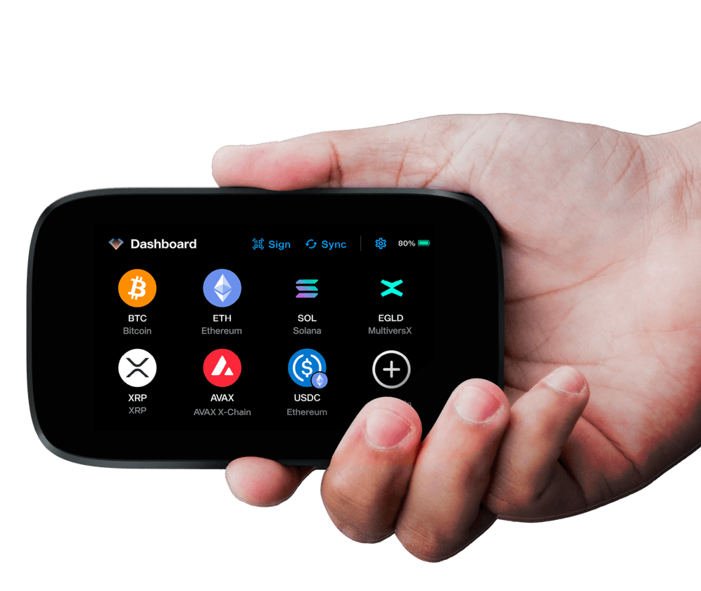 Hand holding NGRAVE ZERO showing its dashboard with BTC, ETH, SOL, EGLD, XRP, AVAX and USDC
