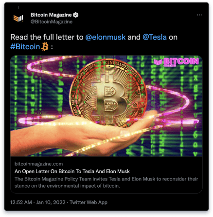 Bitcoin Magazine tweet linking its open letter urging Tesla and Elon Musk to reconsider Bitcoin's environmental impact
