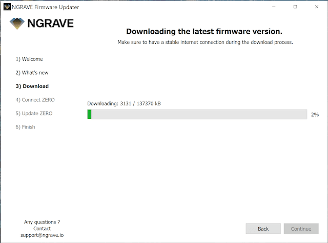 NGRAVE Firmware Updater downloading the latest firmware at 2%