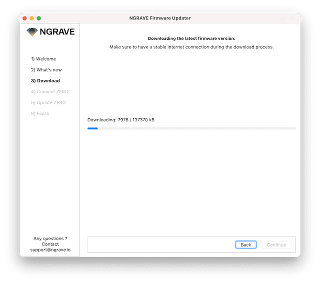 NGRAVE Firmware Updater downloading the latest firmware version with a loading bar.