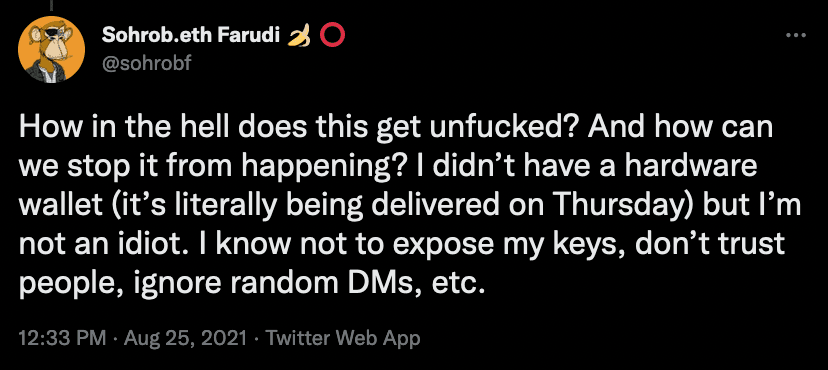 Follow-up tweet from the scam victim, who says his hardware wallet was arriving days later