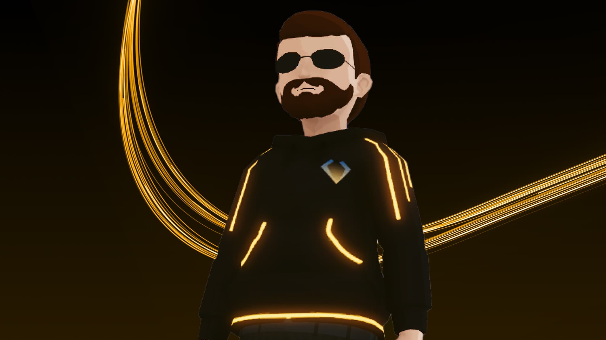 Bearded metaverse avatar in sunglasses wearing a glowing NGRAVE hoodie