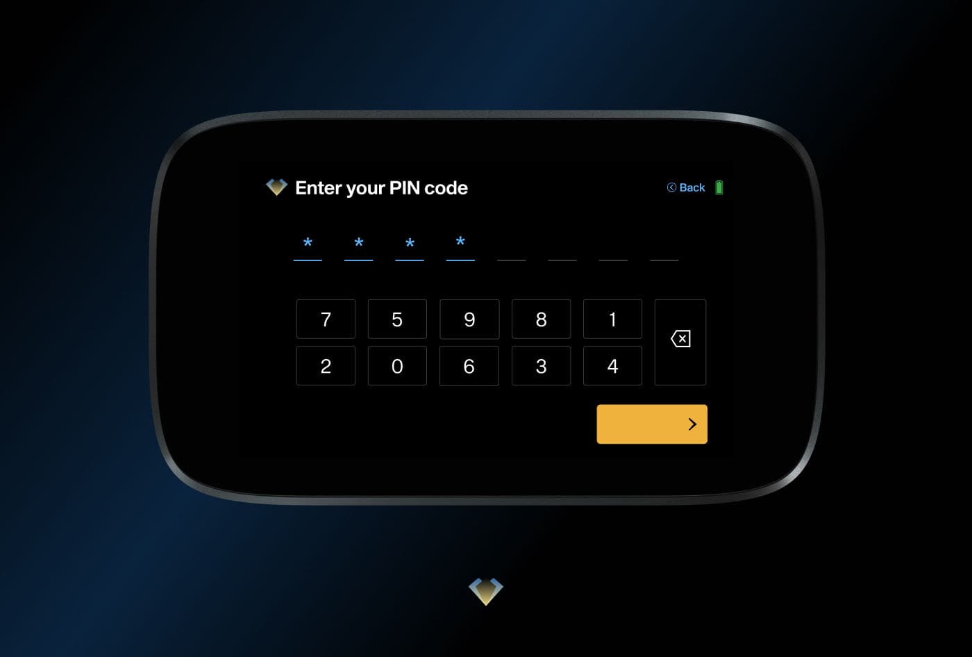 NGRAVE ZERO touchscreen showing the PIN code entry keypad