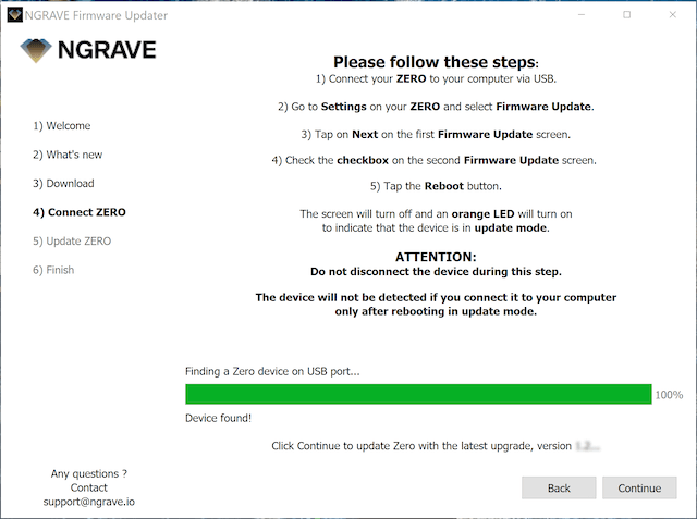 NGRAVE Firmware Updater Connect ZERO step showing Device found and ready to continue