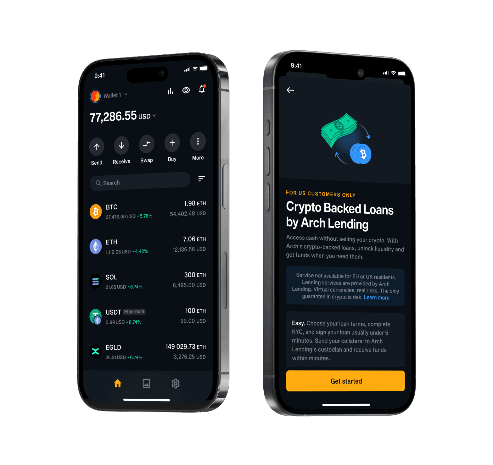 LIQUID app wallet dashboard next to the "Crypto Backed Loans by Arch Lending" screen for US customers