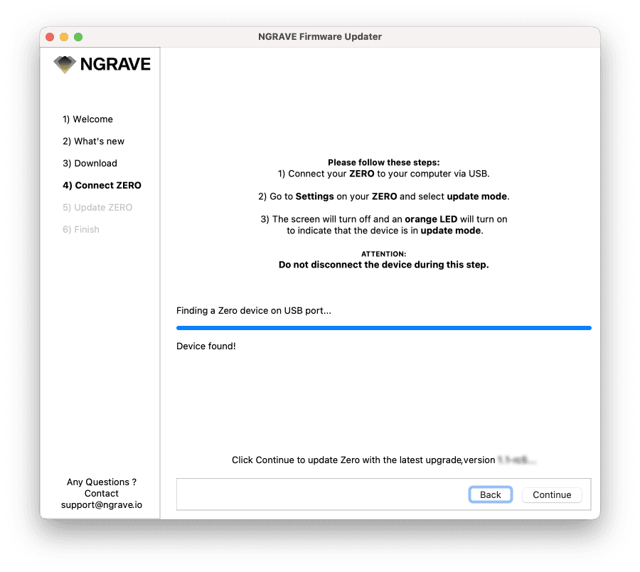 NGRAVE Firmware Updater with the message of "Device found!".