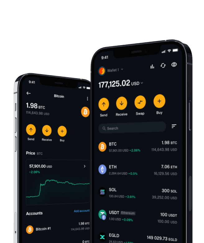 Two phones running the LIQUID app, showing a wallet balance and a Bitcoin price chart