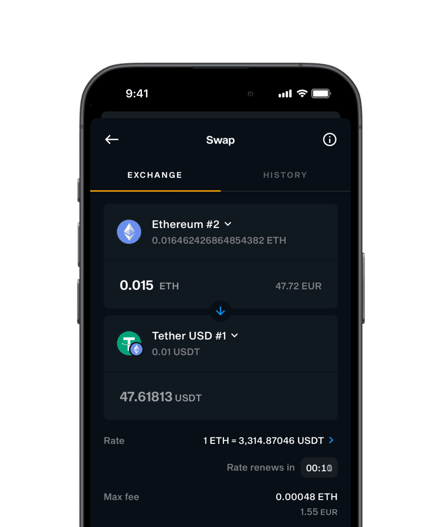 LIQUID app Swap screen exchanging 0.015 ETH for about 47.6 USDT