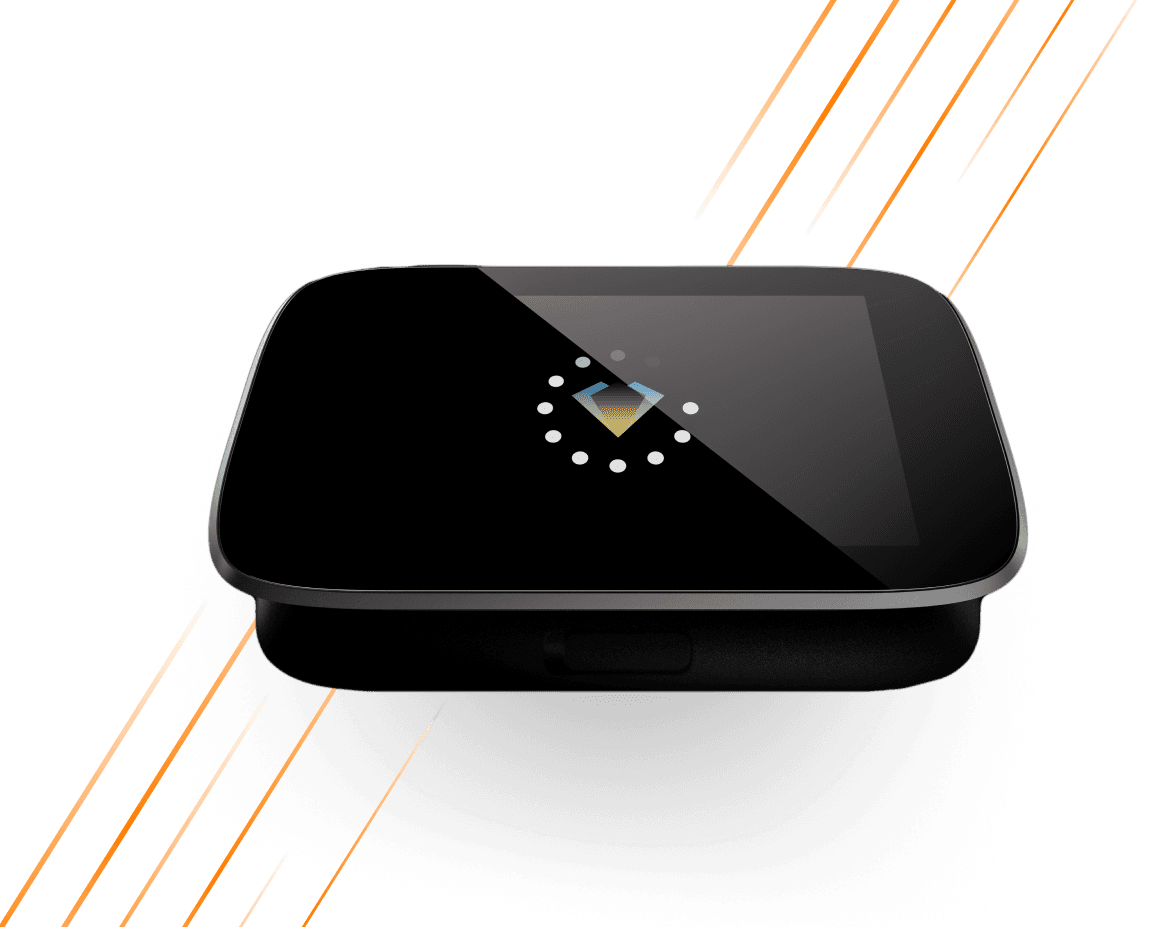 A sleek NGRAVE ZERO hardware wallet with a circular LED display on top, featuring orange diagonal lines in the background.