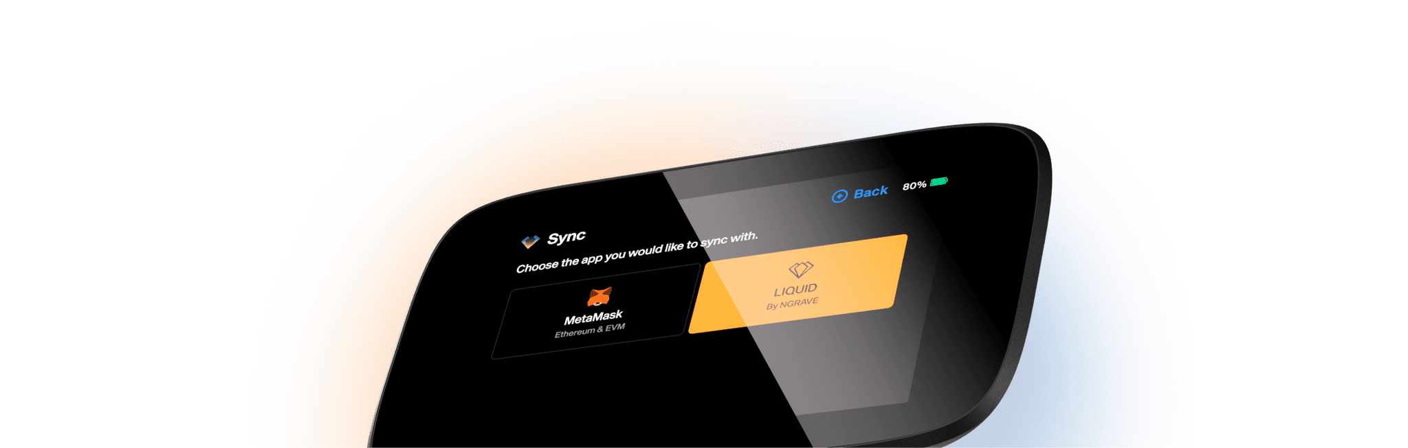 NGRAVE ZERO Sync screen offering a choice between MetaMask and the LIQUID app