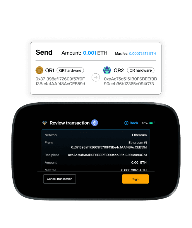MetaMask send summary for 0.001 ETH above NGRAVE ZERO's "Review transaction" screen with a Sign button