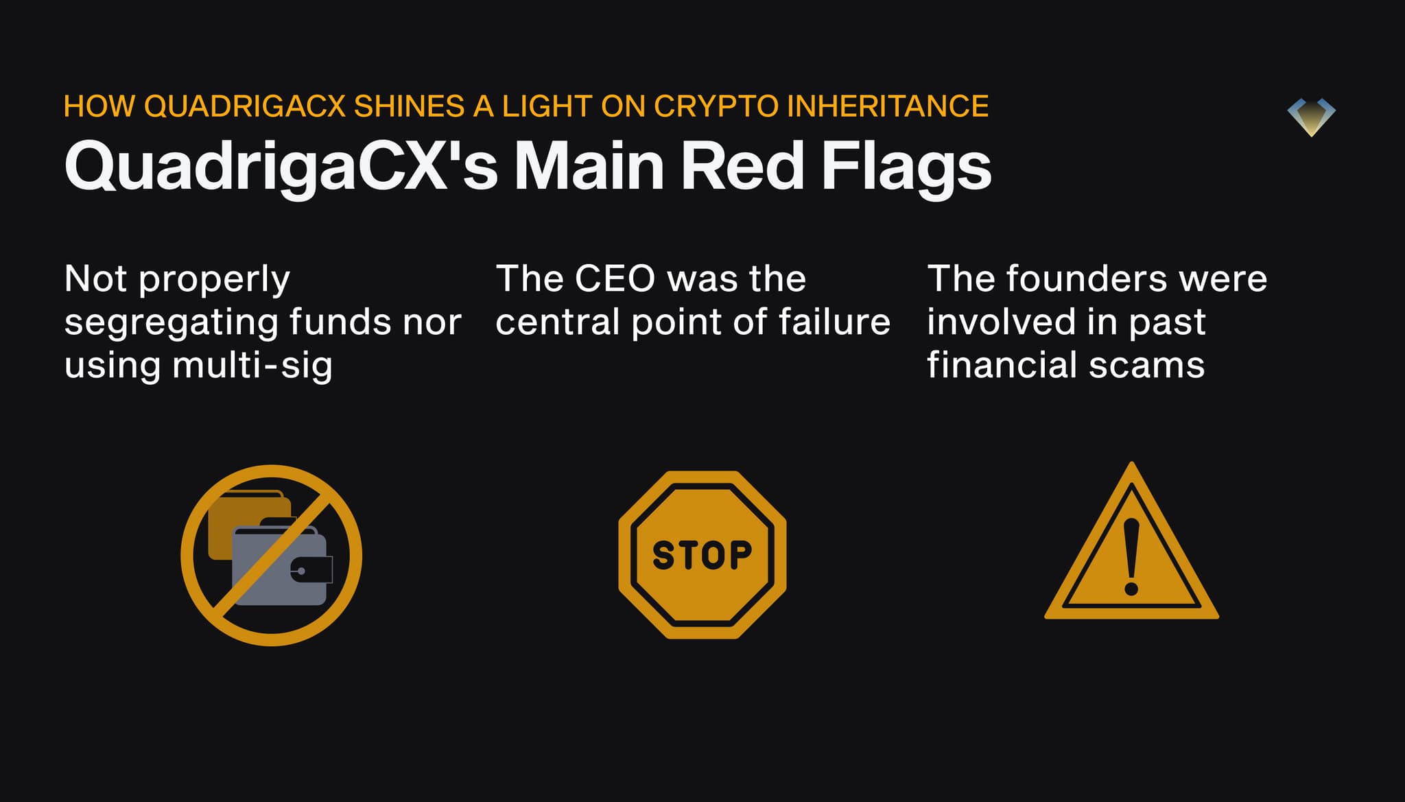 QuadrigaCX red flags: no fund segregation or multi-sig, the CEO as single point of failure, founders tied to past scams