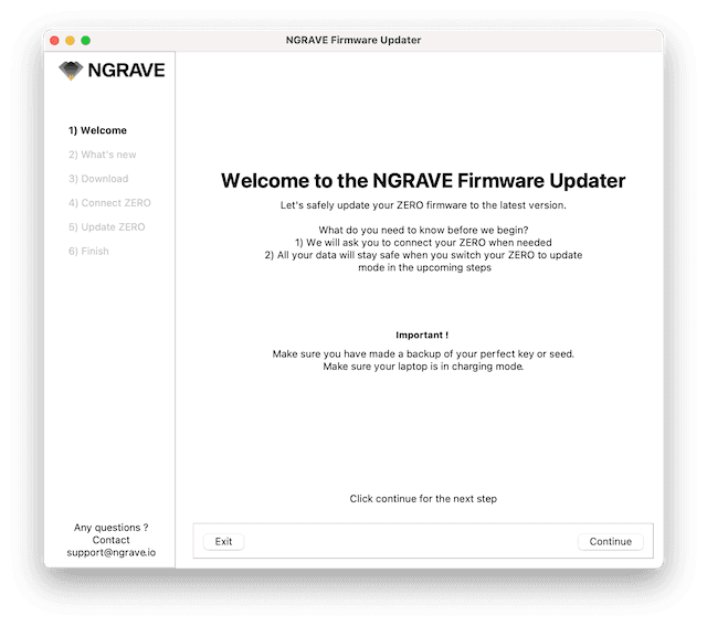 NGRAVE Firmware Updater tool welcome window.