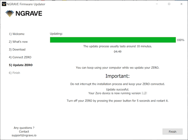 NGRAVE Firmware Updater on Windows at 100% with the message that the update to ZERO was successful