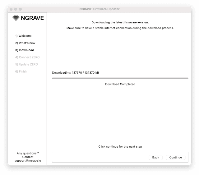 NGRAVE Firmware Updater showing the download is completed.