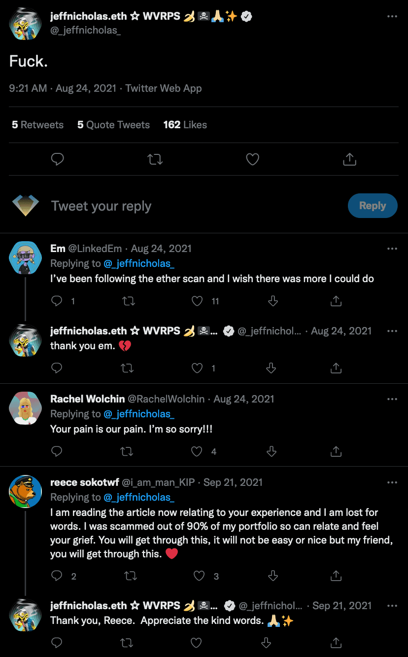 Twitter thread of sympathetic replies to an NFT collector after a scam