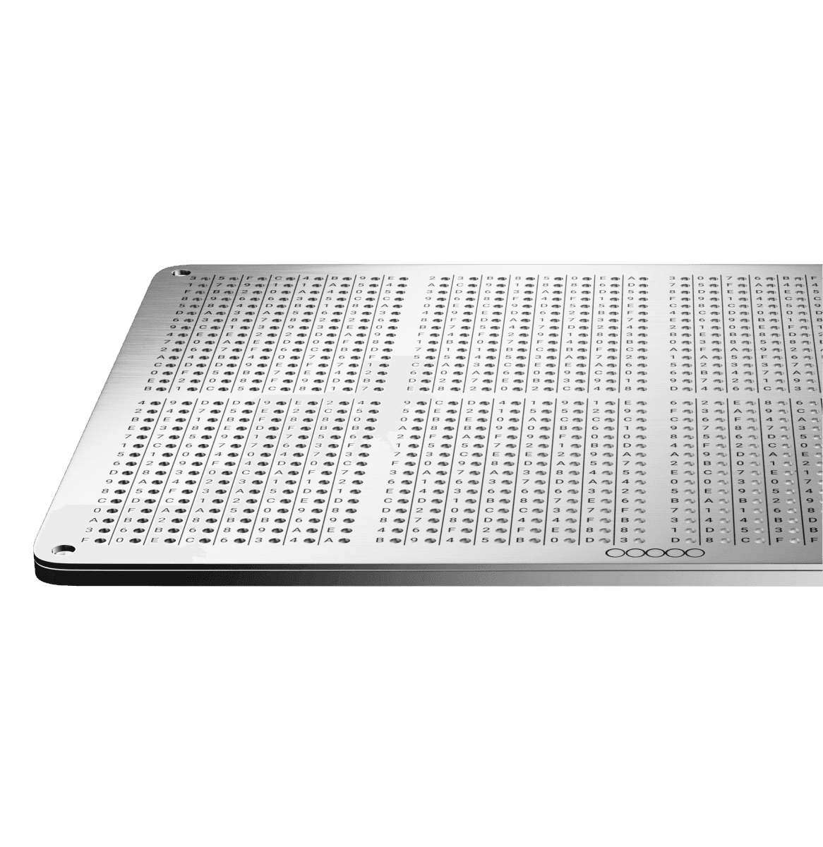Close-up of a GRAPHENE stainless steel plate showing its punched character grid