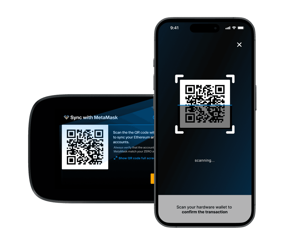 Smartphone scanning the "Sync with MetaMask" QR code shown on NGRAVE ZERO