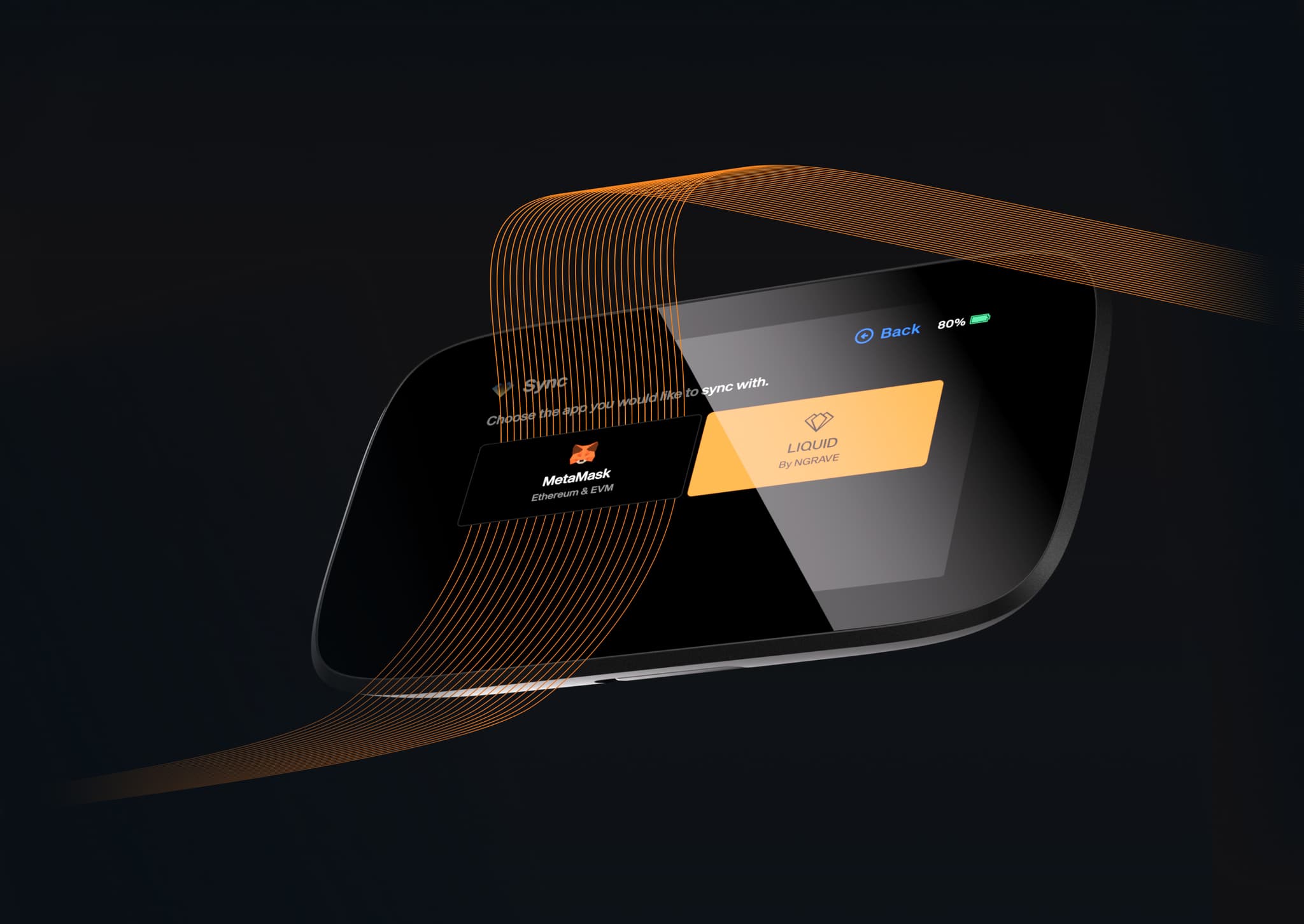 NGRAVE ZERO sync screen offering a choice between MetaMask and LIQUID