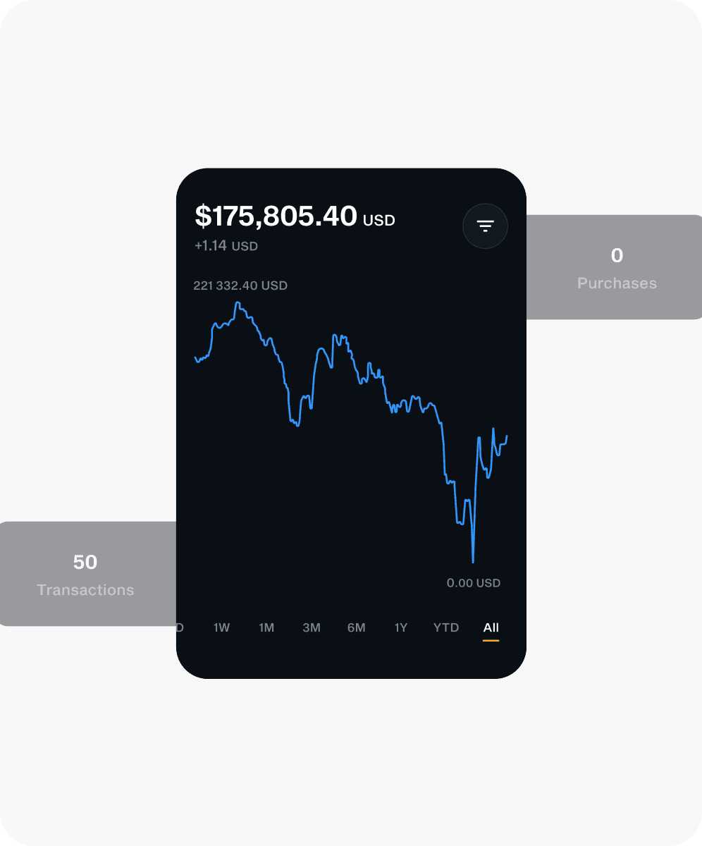 LIQUID portfolio chart showing a $175,805 balance with transaction and purchase counts