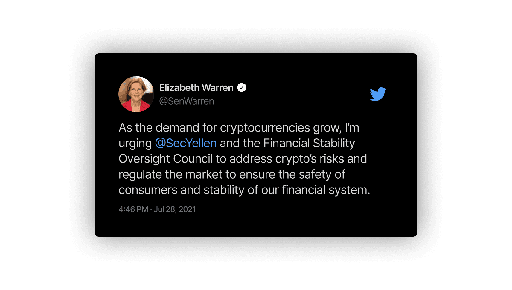 Elizabeth Warren tweet urging Treasury Secretary Yellen and regulators to address crypto's risks, July 2021