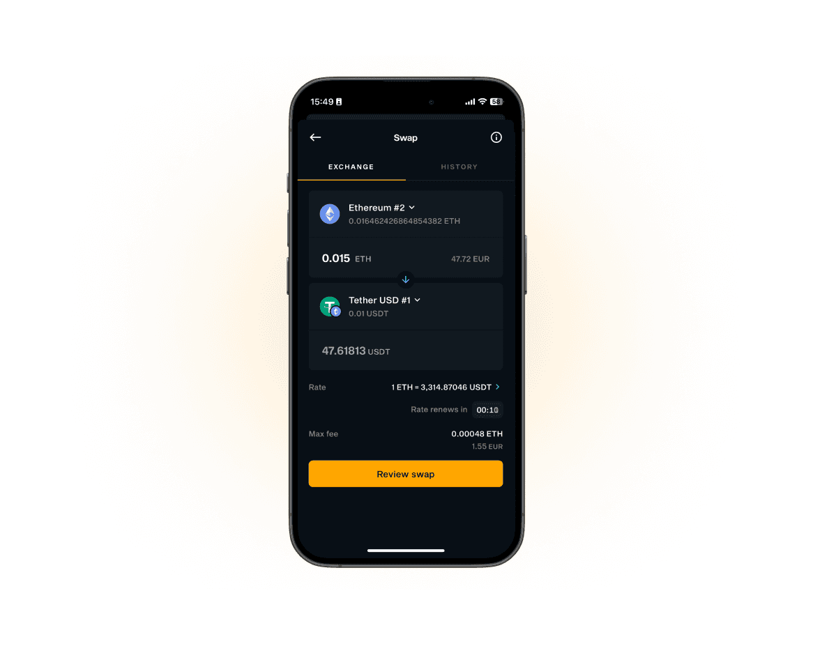 Phone showing the LIQUID app Swap screen with a Review swap button
