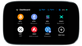 NGRAVE ZERO touchscreen showing the Dashboard with BTC, ETH, SOL, EGLD, XRP, AVAX and USDC