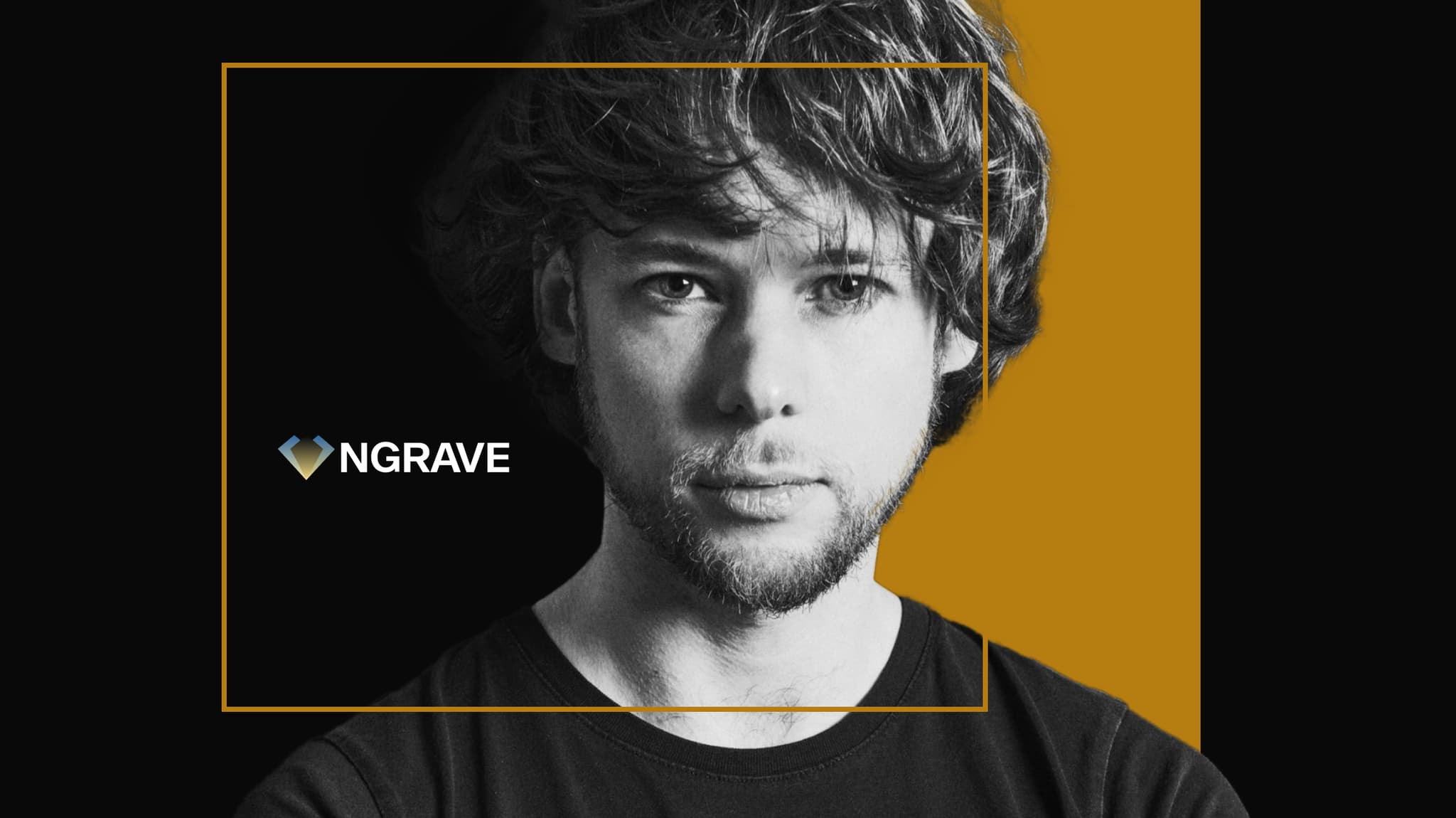 Black-and-white portrait of a curly-haired man in a black T-shirt beside the NGRAVE logo