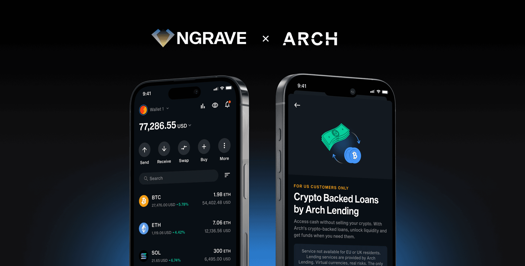 NGRAVE x Arch: LIQUID wallet screen beside an Arch Lending crypto-backed loans offer