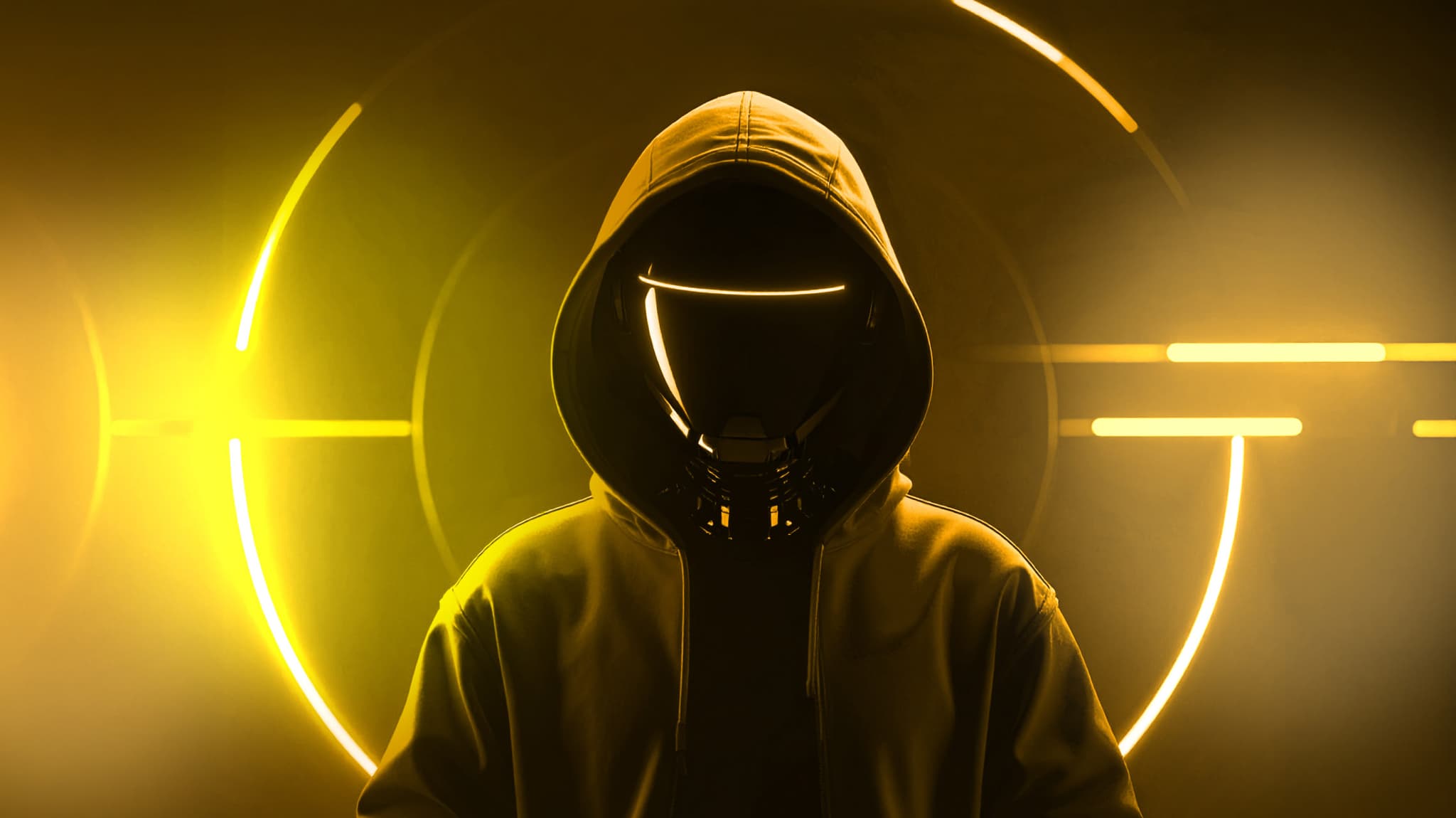 Hooded faceless figure with a glowing visor against yellow neon rings, evoking an anonymous scammer