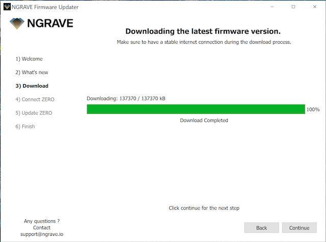 NGRAVE Firmware Updater showing the firmware download completed at 100%