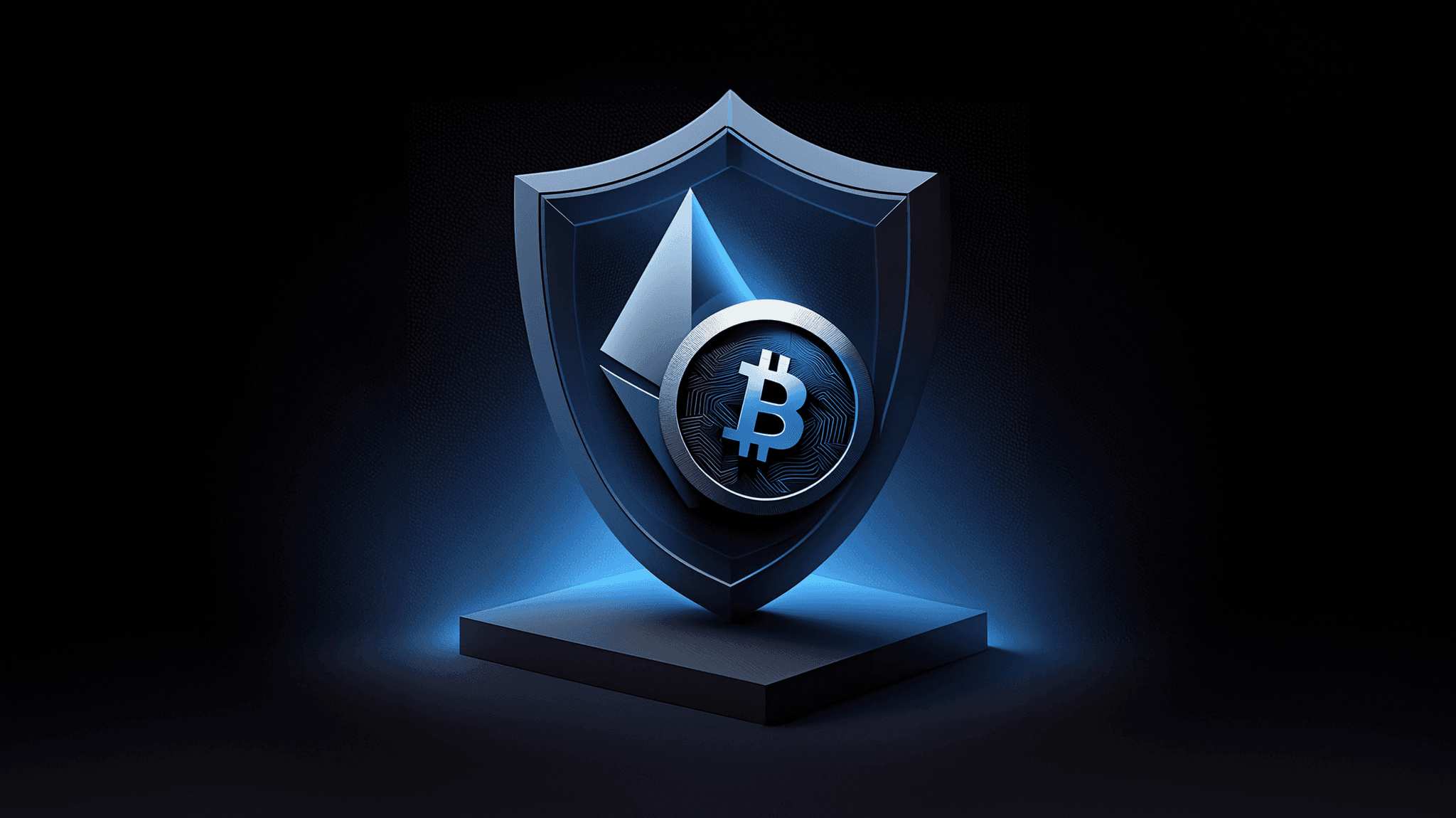 Glowing blue shield with Ethereum and Bitcoin symbols on a pedestal, representing crypto security