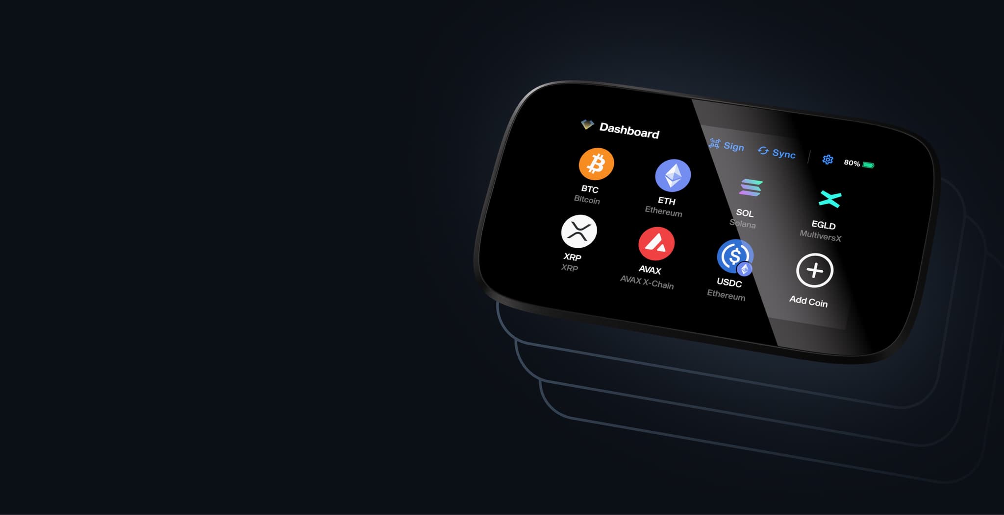 NGRAVE ZERO showing its coin dashboard with BTC, ETH, SOL, EGLD, XRP, AVAX and USDC on a dark background