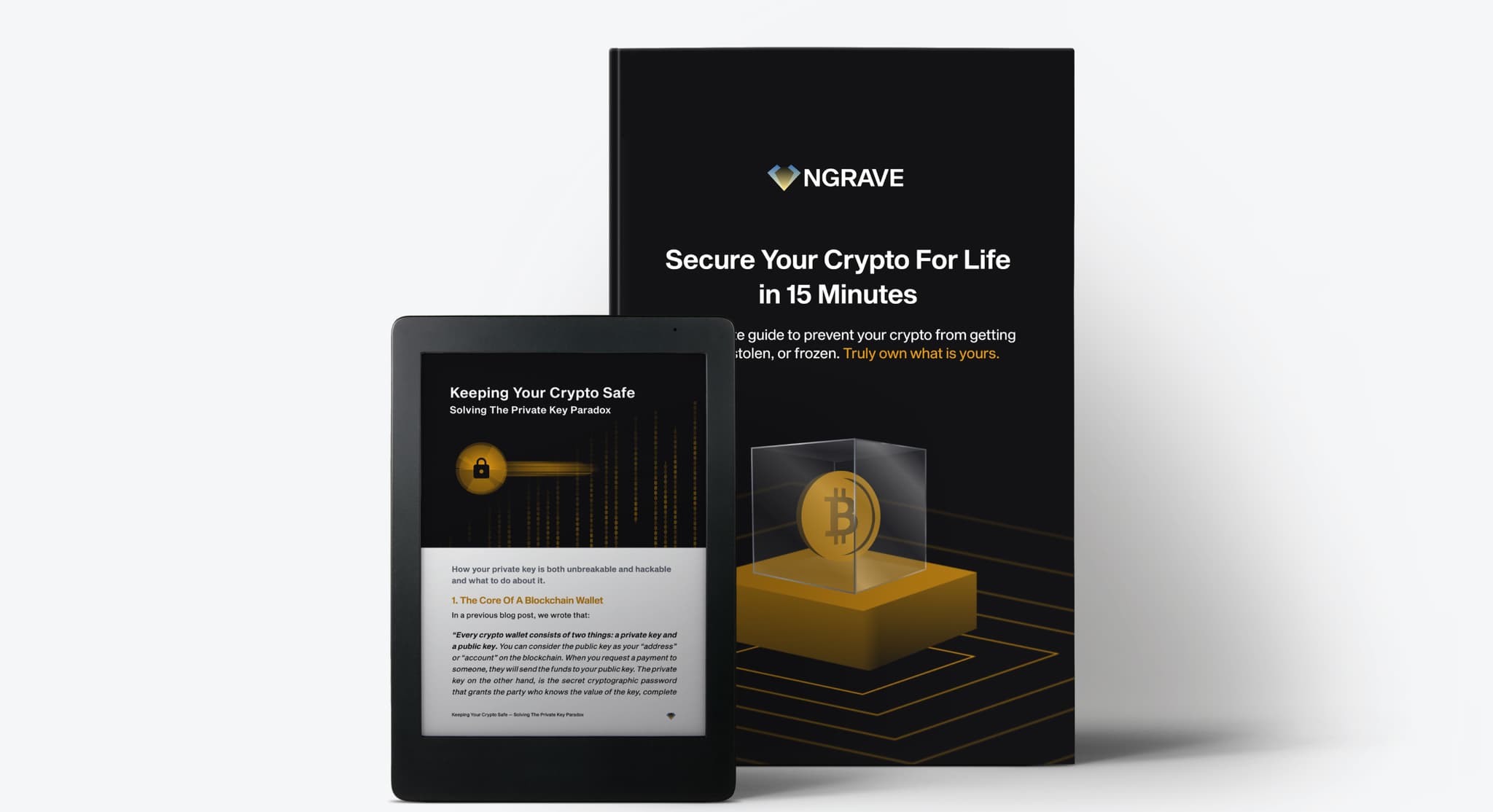 NGRAVE e-book Secure Your Crypto For Life in 15 Minutes, shown as a cover and on an e-reader