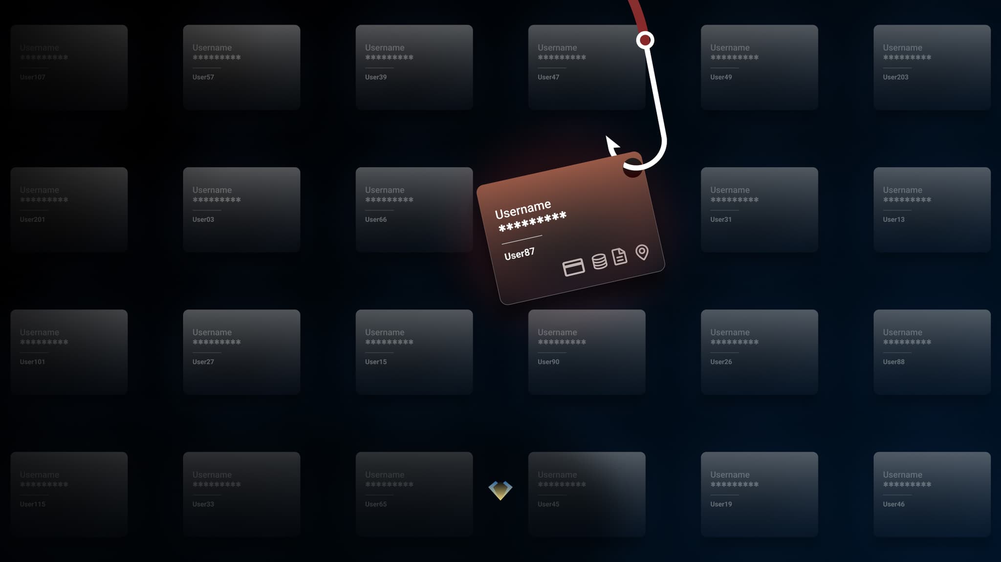 Fishing hook snagging one username-and-password card from a grid of login cards