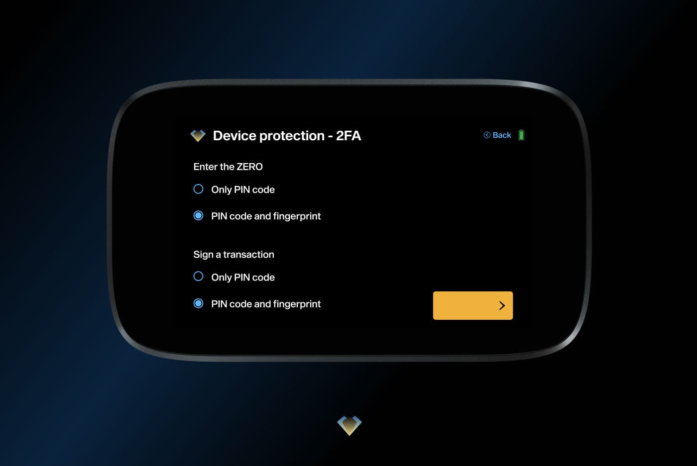 NGRAVE ZERO 2FA settings: PIN code and fingerprint selected to unlock the device and to sign transactions