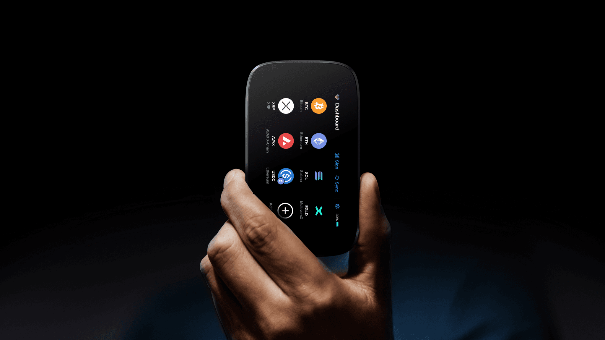 Hand holding NGRAVE ZERO upright, its touchscreen showing the coin dashboard