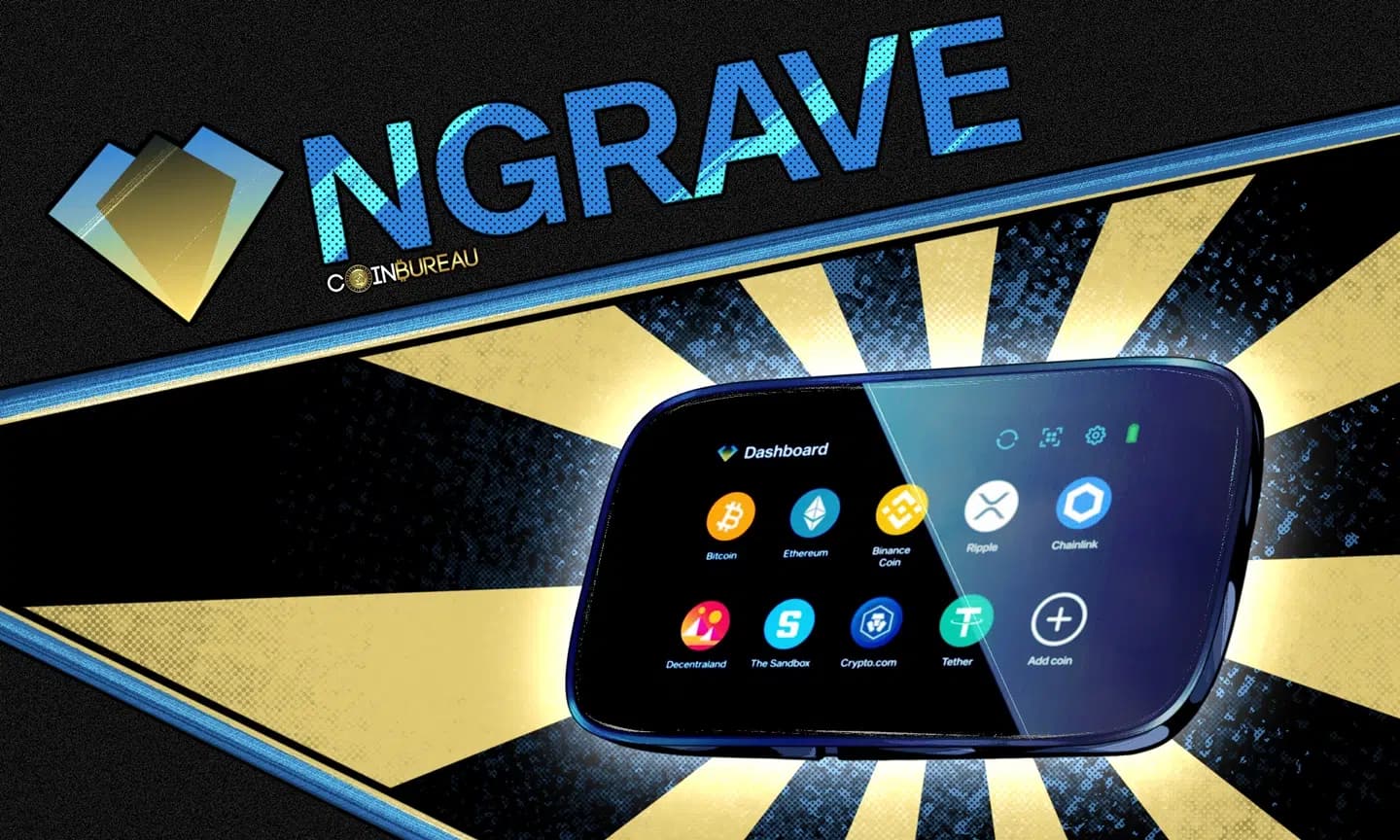 Coin Bureau review graphic: NGRAVE logo above a ZERO wallet showing its coin dashboard
