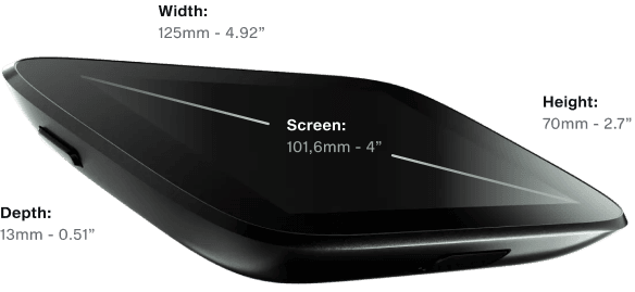 Sleek black NGRAVE ZERO hardware wallet with a 4-inch screen, dimensions labeled: width 125mm, height 70mm, depth 13mm.