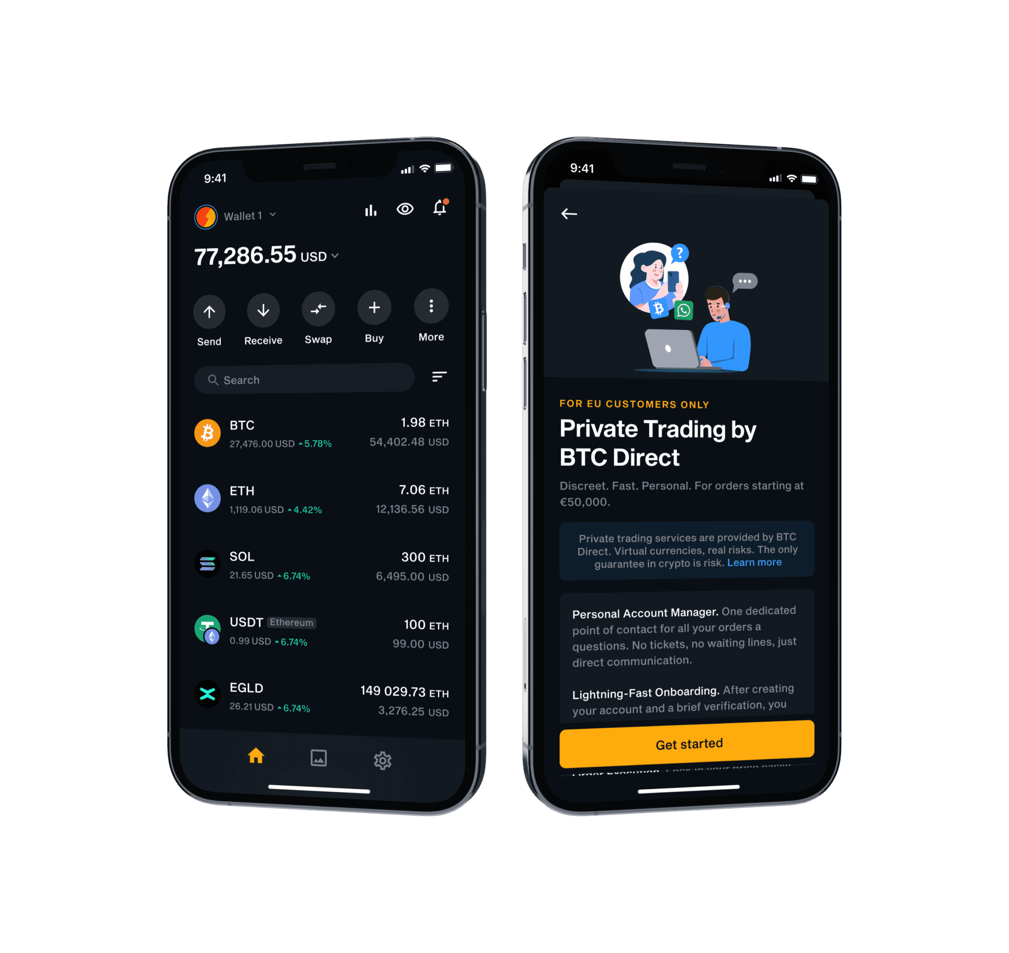 LIQUID app wallet dashboard next to the "Private Trading by BTC Direct" screen for EU customers