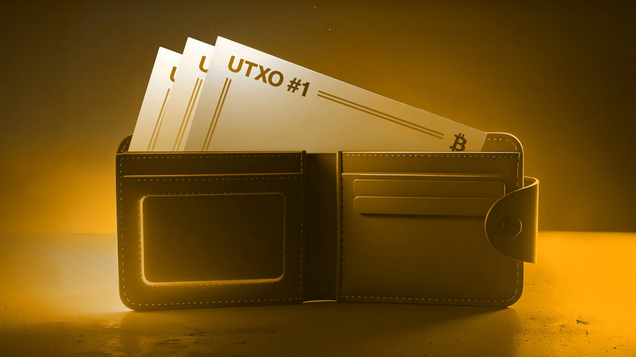 Wallet holding paper slips labelled UTXO #1 with a Bitcoin symbol