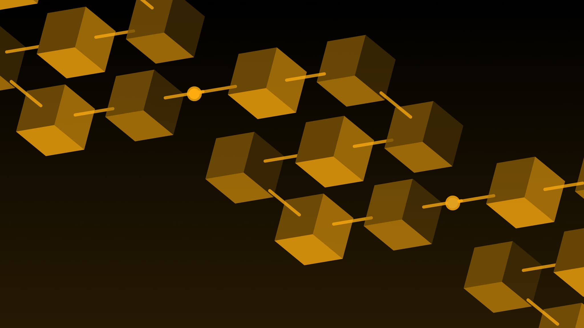 Chain of gold blocks linked together on a dark background, illustrating a blockchain