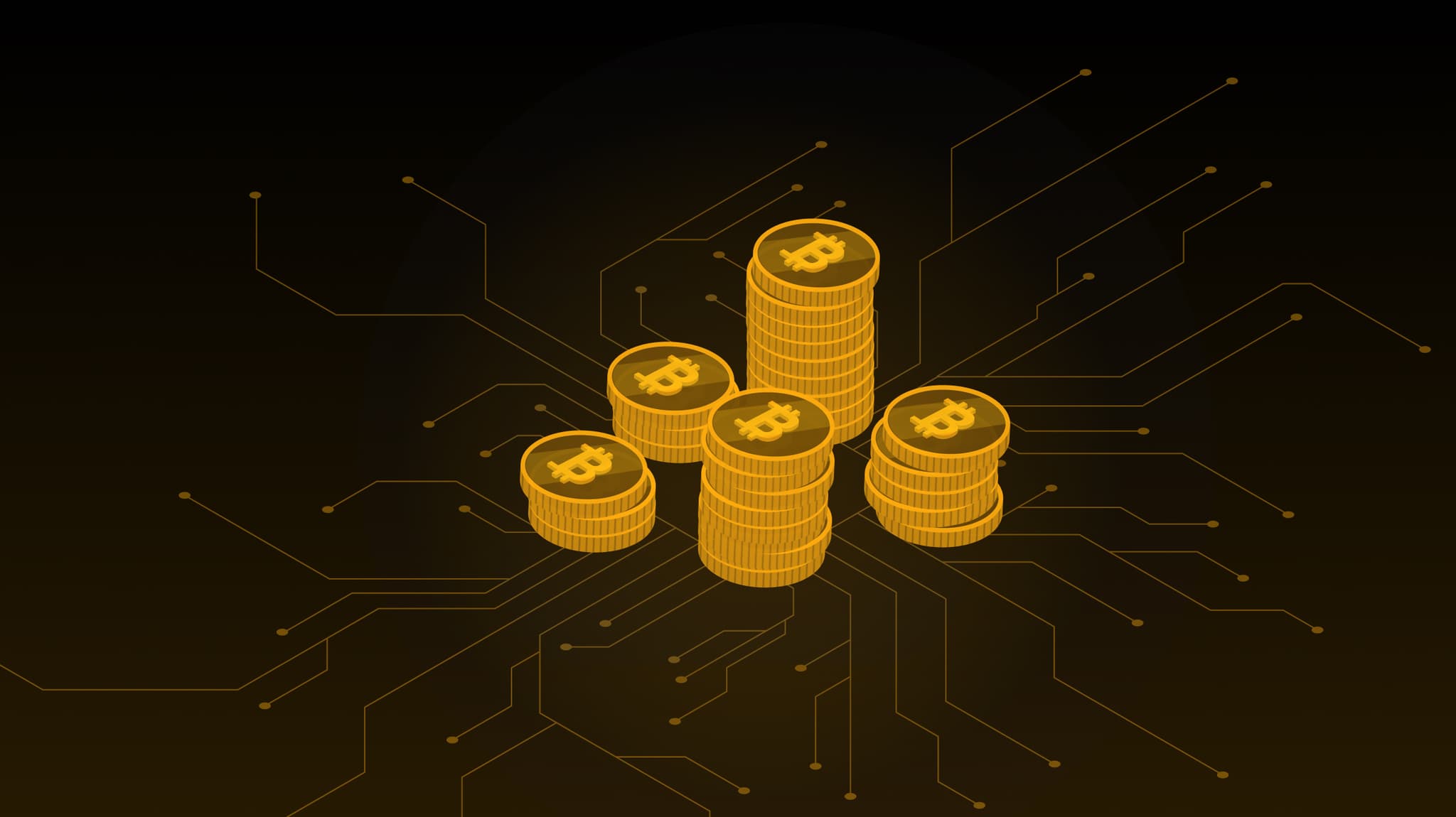 Stacks of gold Bitcoin coins on a circuit board pattern, header for a stacking sats article